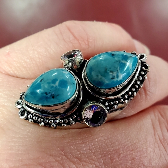 New Huge Mosaic Jasper & Iolite 925 Silver Statement Ring. - Picture 2 of 12